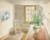 Painting of the interior of a room with a vase of flowers on a table to right and a white wooden chair in far corner to left with a wooden framed 12 paned window on back wall